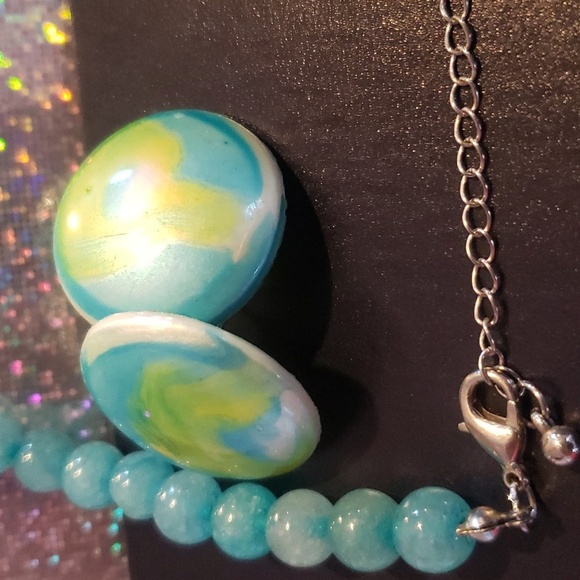 Aquamarine Glass Beaded Necklace and Matching Earrings & Vintage Gold Earrings - Picture 5 of 6